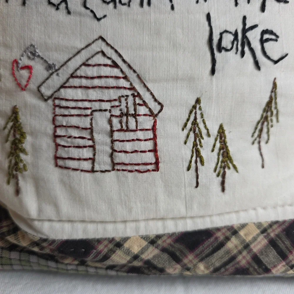 Hand Embroidered Patchwork Plaid Decorative Pillow Rustic Cabin at the Lake